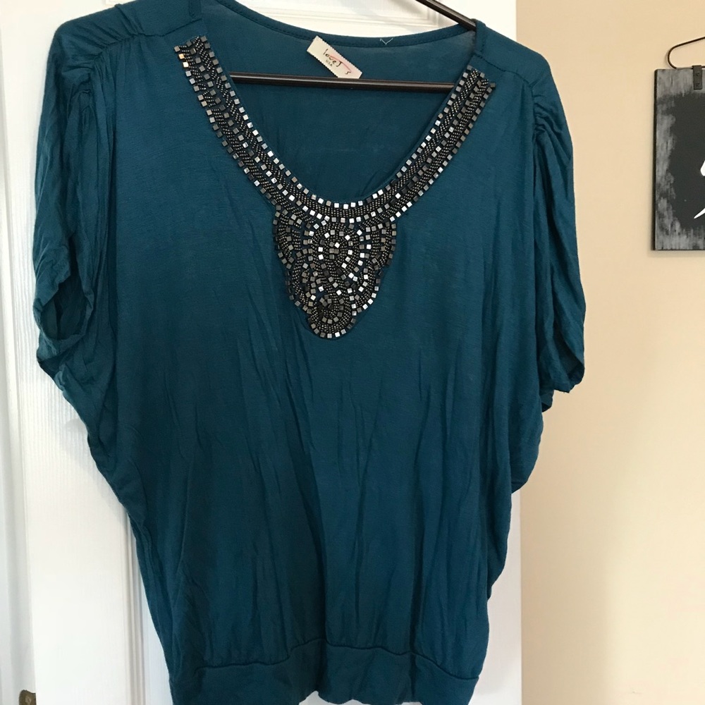 Size small green/ teal bejeweled gathered blouse